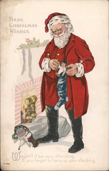 Santa Putting a Doll in a Stocking Santa Claus