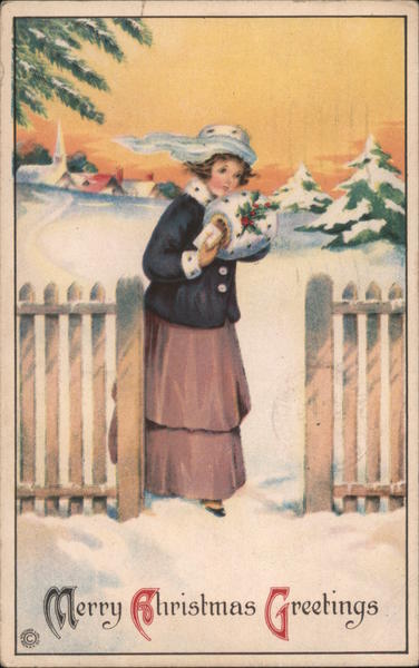 Merry Christmas Greetings - A Woman Walking Through the Snow