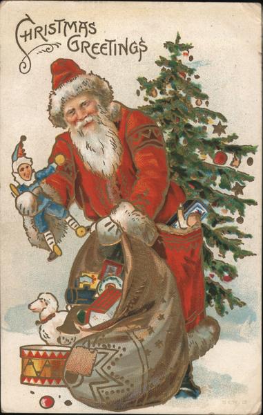 Christmas Greetings - Santa Putting Toys Under the Tree