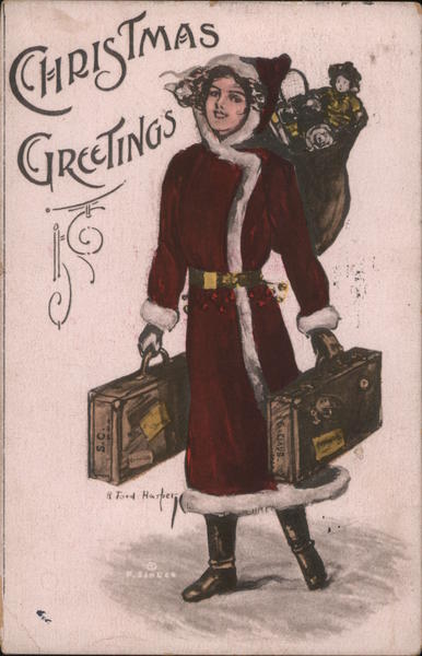 Christmas Greetings - A Woman Carrying a Bag of Toys