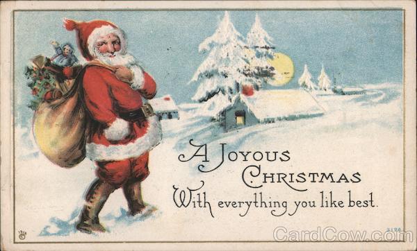 Santa with his Bag of Toys Walking Through the Snow