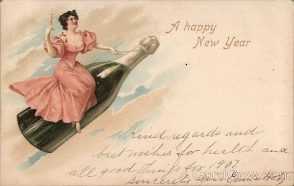 A Happy New Year - A Woman Riding a Champagne Bottle