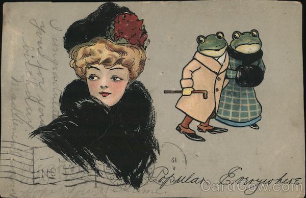 Popular Everywhere; Two Anthropomorphic Frogs Looking at a Well-Dressed Blonde Woman
