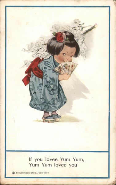 Geisha partially hides smile behind a fan Asian