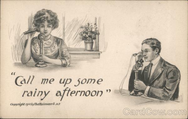 Old-time man and woman with old-fashioned phones, Call me up some rainy afternoon