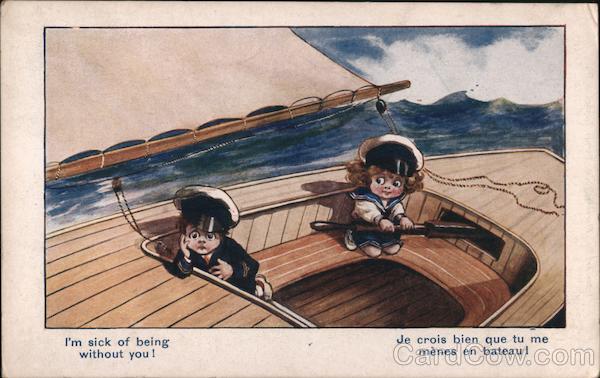 I'm sick of being without you! Sad children sitting in a sail boat