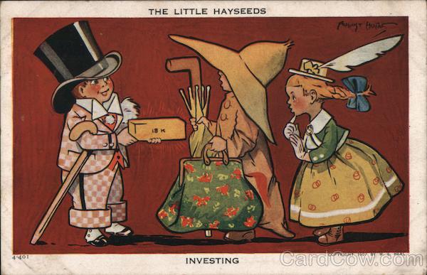 The Little Hayseeds Investing; Three Children in Dress-Up Clothing, One Holding an 18K Gold Bar