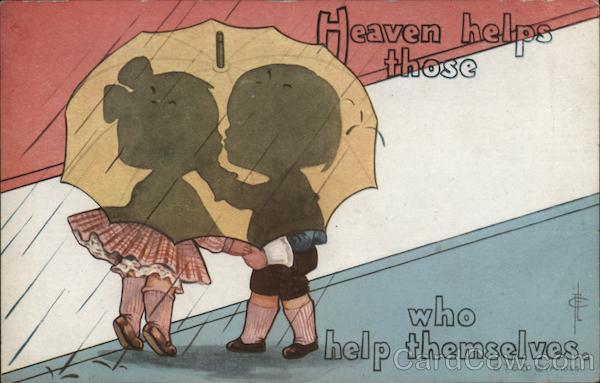 Heaven Helps Those Who Help Themselves, Two Children Standing Under an Umbrella