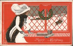 Fade-Away Merry Christmas - Lady in fancy clothing next to a window with a wreath on it with presents Postcard