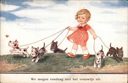 Girl with Puppies Scottish Terriers John Wills Postcard Postcard Postcard