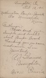 Correspondence Sent to Northwestern Compo-Board Co. Postcard