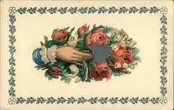 Hand Holding a Bunch of Roses and a Heart Postcard