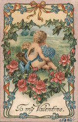 To My Valentine - Cupid with Bouquet of Blue Flowers Postcard
