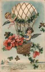 Best Wishes to Your Birthday - two cherubs on a hot air balloon with flowers Postcard