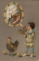 Easter Greetings - A girl in a broken mirror, a boy with a basket, a hen with two chicks Postcard