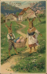 An Easter Greeting - Two Rabbits With Eggs With Bunnies Postcard Postcard Postcard