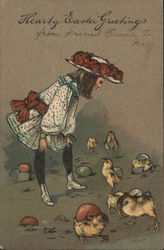 Hearty Easter Greetings Girl with Chicks Postcard