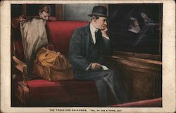 The Traveling Salesman, Man in a Suit Sitting on a Train Seat Postcard