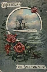 "Greetings from California" - U.S.S. Tennesse framed by roses Postcard