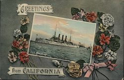 GREETINGS from CALIFORNIA - Image of the U.S.S New Jersey ship surrounded by flowers Postcard