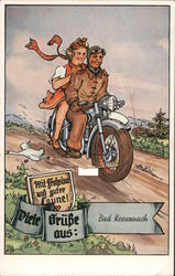 Smiling woman riding behind smiling man on motorcycle Postcard