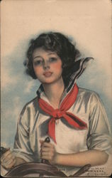 Sailor Girl Steering Boat Postcard