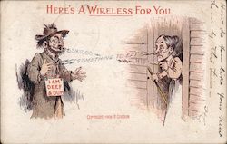 Here's a wireless for you. Man with I am Deef & Dum sign talking to old woman Cartoons Postcard Postcard Postcard