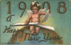 A Happy New Year 1908 - Angel Turning the Page Angels & Cherubs Postcard Postcard Postcard