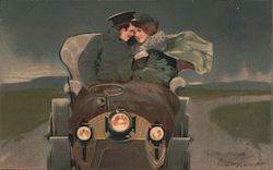 Man and Woman Sitting Side By Side in a Motorcar Postcard