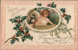 A Happy Christmas - Angel surrounded by holly berries Postcard