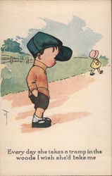 Little Boy in Blue Hat Pining After Little Girl in Yellow Dress Postcard