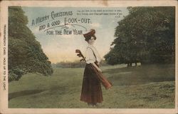 A Woman with Golf Clubs Postcard