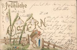 Fröhliche Ostern, Rabbit Standing on Hind Legs with an Umbrella, Knapsack, and Kerchief Postcard