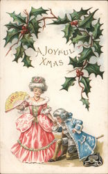 A Joyful Xmas - Colonial Couple and Holly Postcard