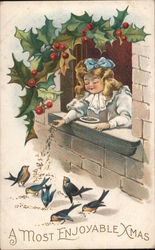 A Girl Feeding Birds Out a Window Children Postcard Postcard Postcard