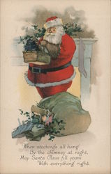 Santa Holding a Basket by the Fireplace Postcard