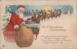 A Christmas Greeting - Santa Going Down a Chimney Postcard