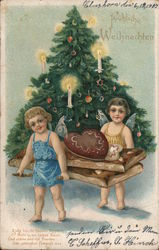 Two Angels with Cookies in Front of a Christmas Tree Postcard