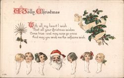 A Jolly Christmas - Santa with Children in Stockings Postcard