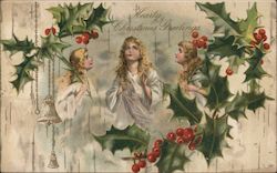 Hearty Christmas Greetings Three Angels and Mistletoe Postcard