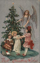 Best Christmas Wishes Angel and Children Decorating Tree Angels Postcard Postcard Postcard