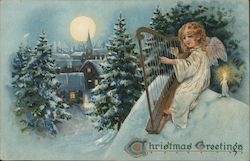 Christmas Greetings - An Angel Playing a Harp in the Snow Angels Postcard Postcard Postcard