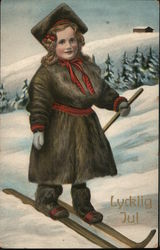 A Girl in a Coat and Skis Children Postcard Postcard Postcard