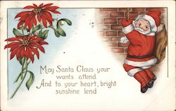 Santa Holding onto a Rope with His Pack of Toys Postcard