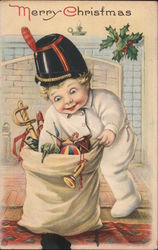 Merry Christmas - A Little Boy Digging Through Santa's Toy Bag Postcard