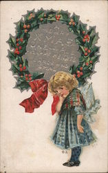 A Young Girl in Front of a Christmas Wreath Postcard