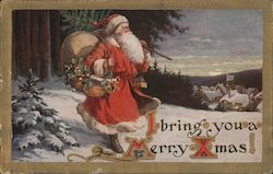 I Bring You a Merry XMas - Santa Walking Through the Snow with his Bag of Toys Postcard