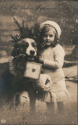 A Girl and a Dog in Front of a Christmas Tree Children Postcard Postcard Postcard