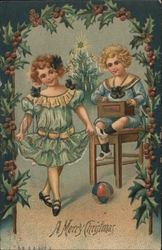 Merry Christmas - Two Children Playing with Toys Postcard