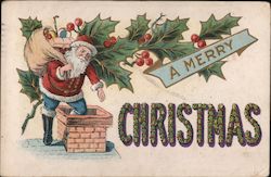 A Merry Christmas - Santa Going Down a Chimney Postcard